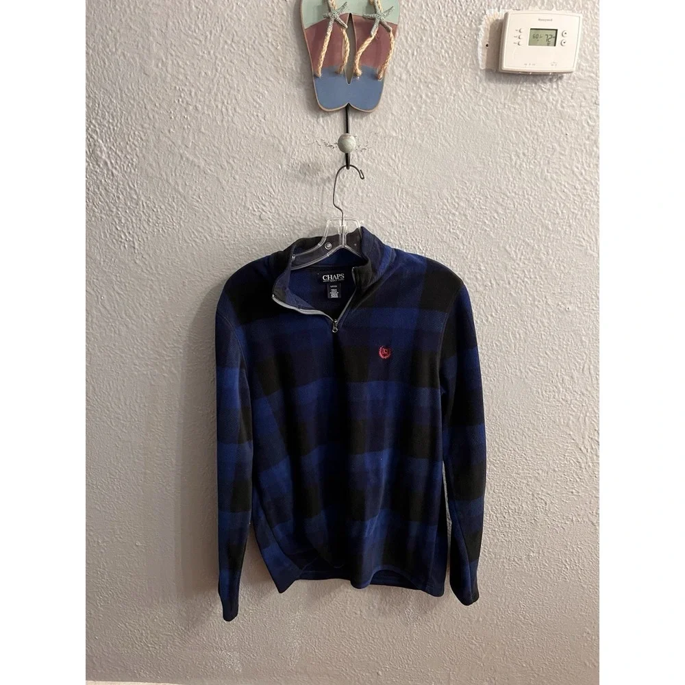 Chaps Golf Blue Black Plaid 1/4 Zip Mens Pullover Fleece Size Small